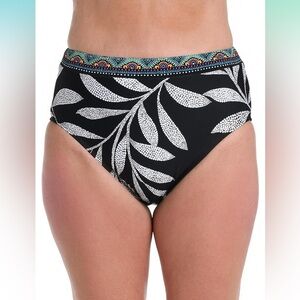 XL High Waisted Bikini Bottoms Black White Leaf Print Geometric Trim Swimwear‎